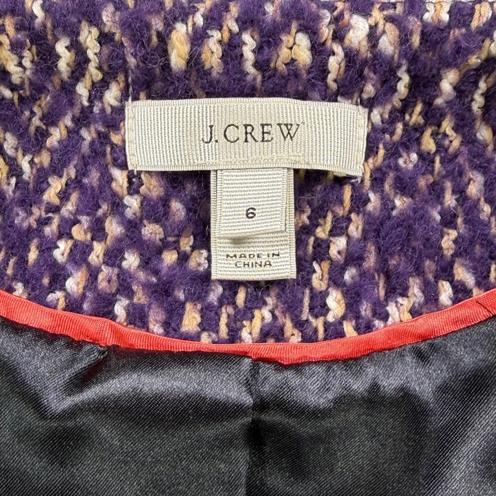 J.Crew Purple‎ Diamond Tweed Jacket Womens 6 Gold Button Fringe Trim Wool Blend - Picture 7 of 13